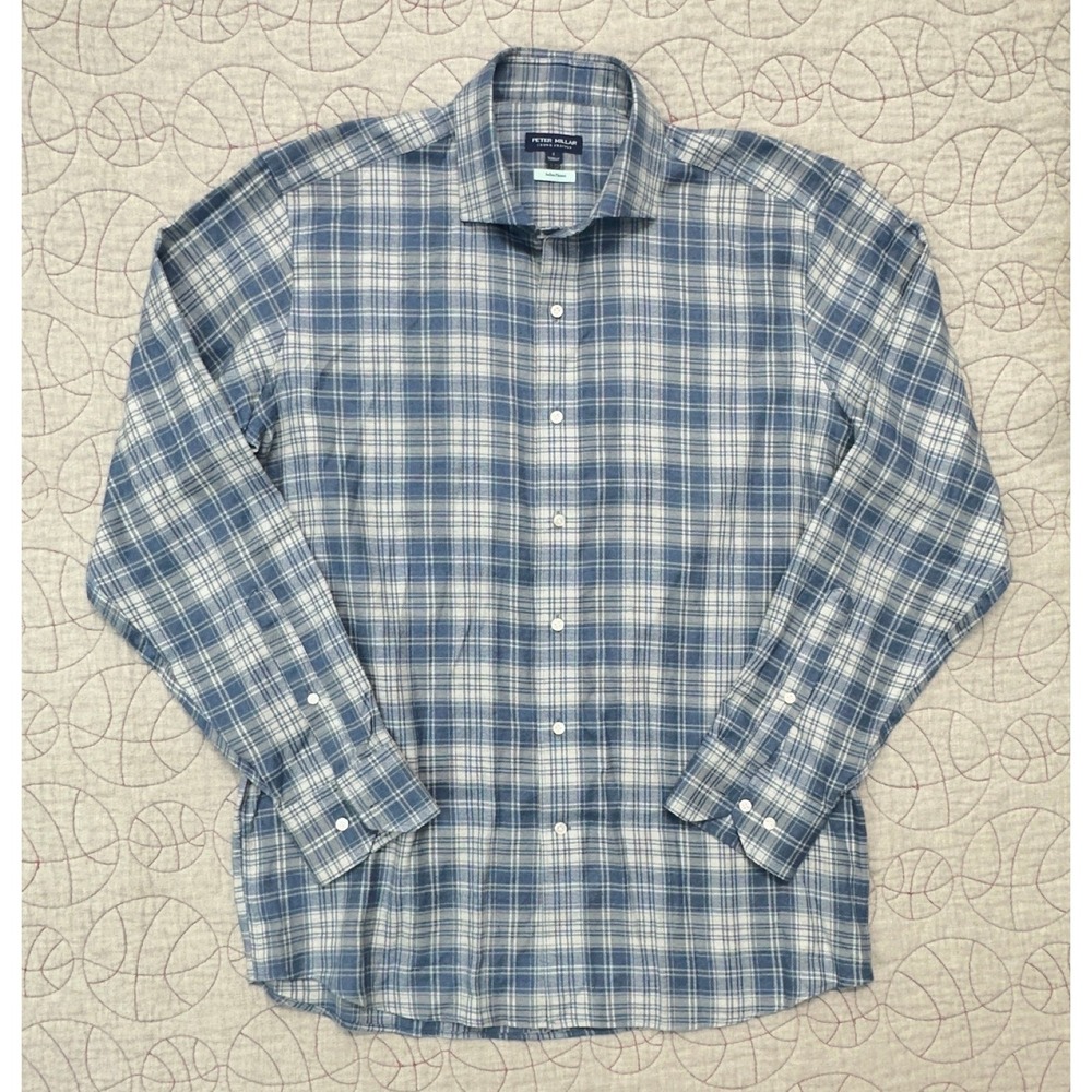 Peter Millar Crown Crafted Sport Shirt Blue Plaid Riccia Italian Flannel / Large